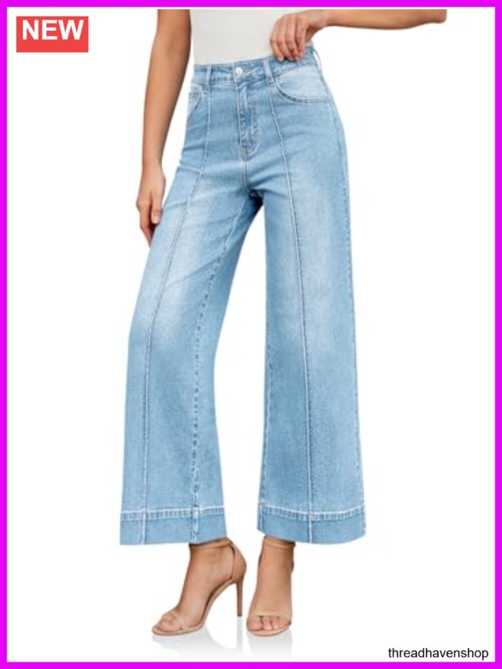Women's High Waisted Baggy Wide Leg Jeans Stretchy Denim Pants with Pockets